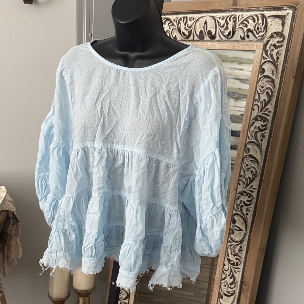 Light Blue Tiered Peasant Top - Women